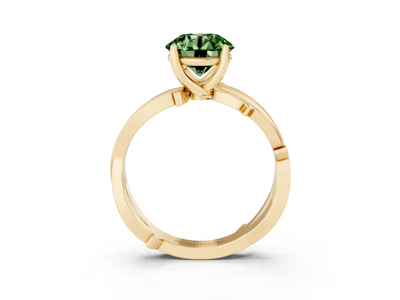 Fancy Green Round Cut Diamond Pavé Twist Band Solitaire Ring Set in Yellow gold with Prong Setting