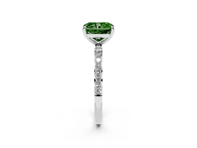 Fancy Green Radiant Cut Diamond Solitaire Ring Set in Platinum with Round Pavé Band and Prong Setting