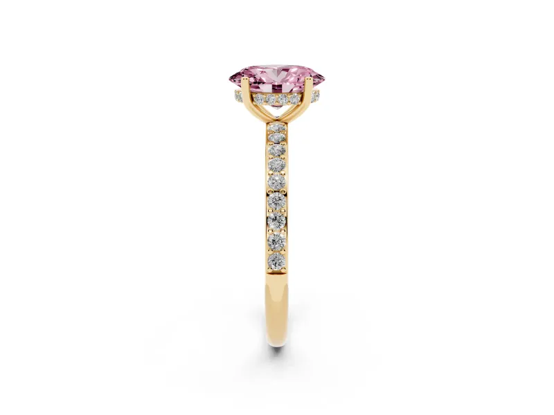 Fancy Pink Oval Cut Diamond Pavé Band Ring Set in Yellow gold with Prong-Set Center Stone