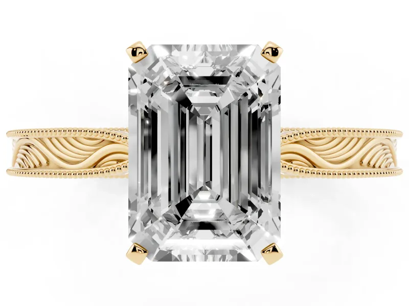 Emerald Cut Diamond Solitaire Milgrain Engraved Band Set in Yellow gold with Prong Setting
