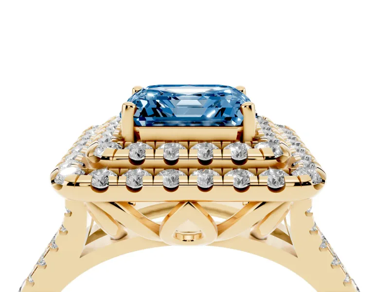Asscher Cut Halo Split Shank Engagement Ring Setting for a Fancy Blue Lab-Grown Diamond | Pavé Strands | Yellow Gold