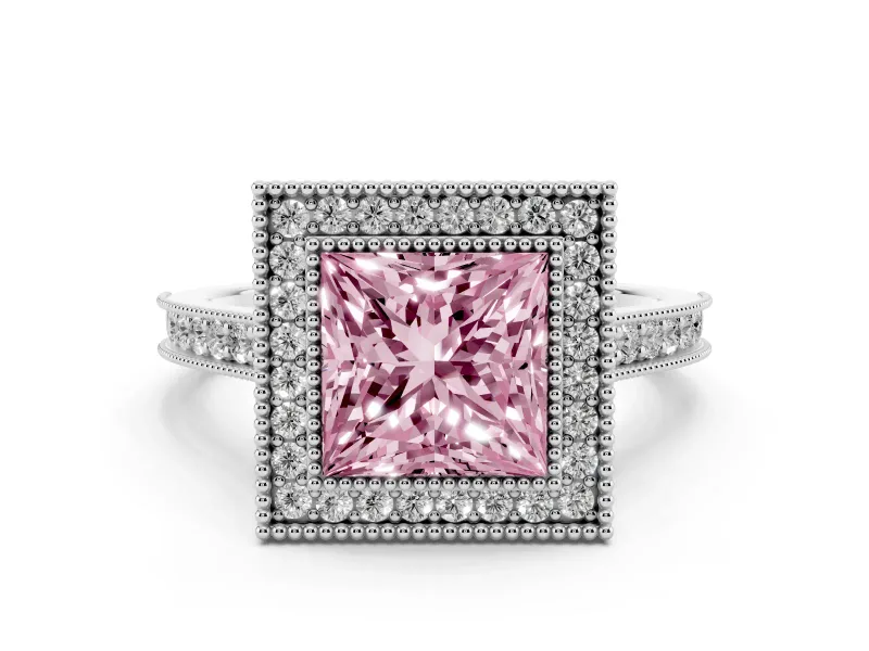 Fancy Pink Princess Cut Diamond Halo Milgrain Pavé Band Ring Set in Platinum with Prong Setting