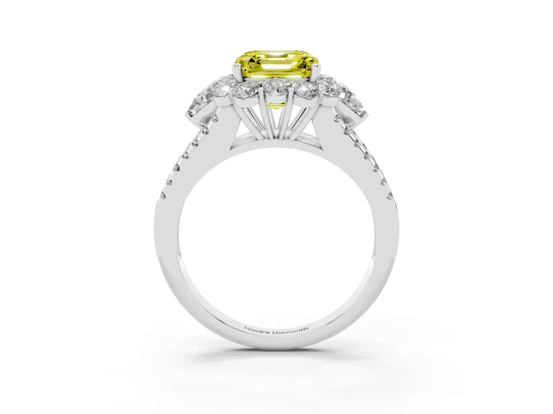 Asscher Cut Scalloped Halo Engagement Ring Setting for a Fancy Yellow Lab-Grown Diamond | Pear Side Stones | White Gold