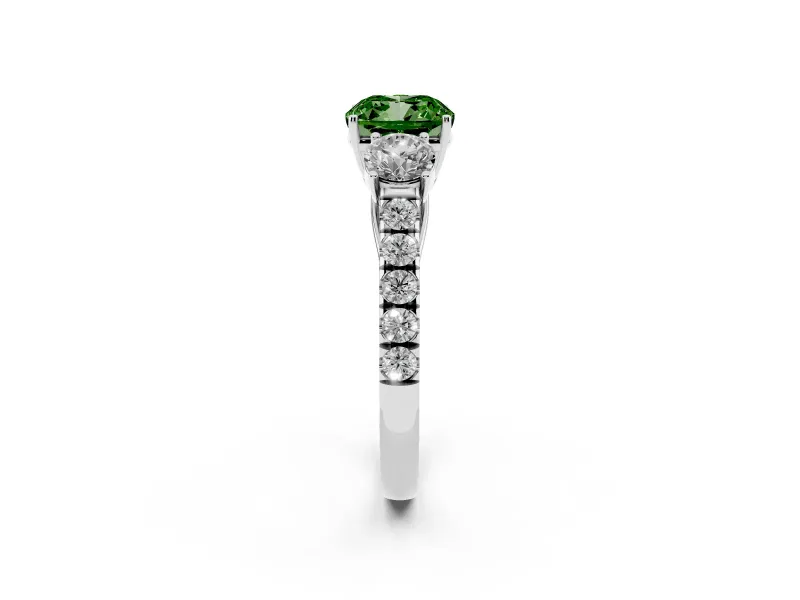 Fancy Green Cushion Cut Diamond Three-Stone Ring Set in Platinum with Round Side Stones and Delicate Pavé Band