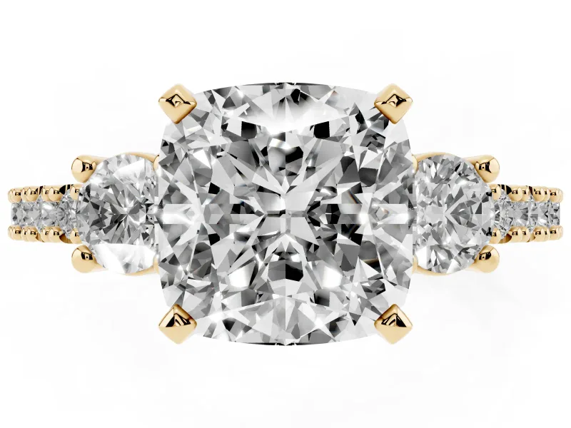 Cushion Cut Three Stone Pavé Engagement Ring Setting | Round Side Stones | Yellow Gold