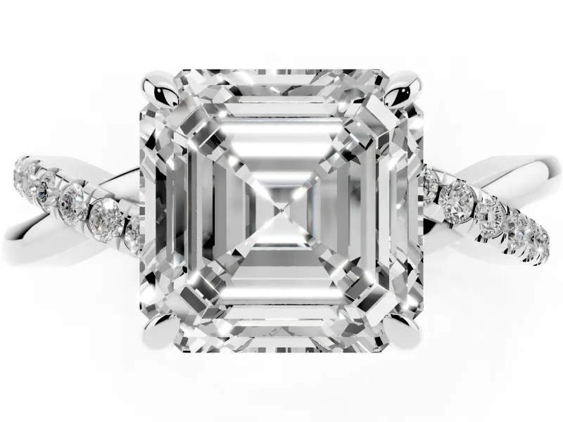Asscher Cut Diamond Twist Band Solitaire Set in White gold with Pavé Accents and Prong Setting