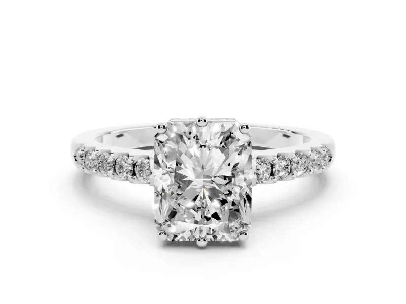 Radiant Cut Diamond Solitaire Engagement Ring Set in Platinum with Pavé Band and Prong Setting