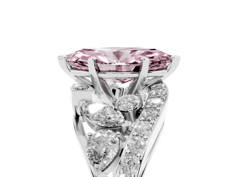 Fancy Pink Marquise Cut Diamond Halo Ring Set in Platinum with Marquise and Pavé Band in Prong Setting