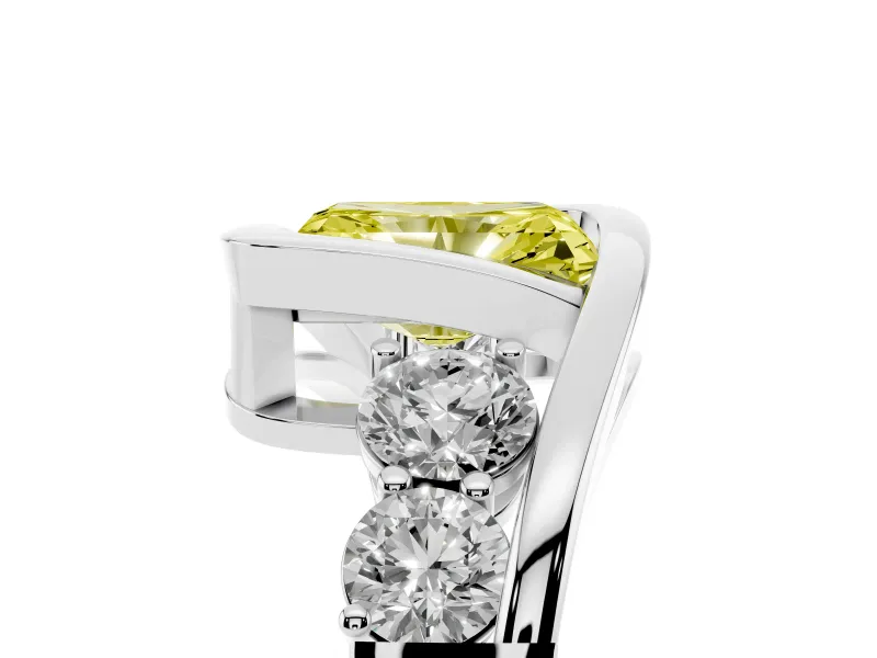 Fancy Yellow Radiant Cut Diamond Bezel Bypass Ring Set in White gold with Round Accents
