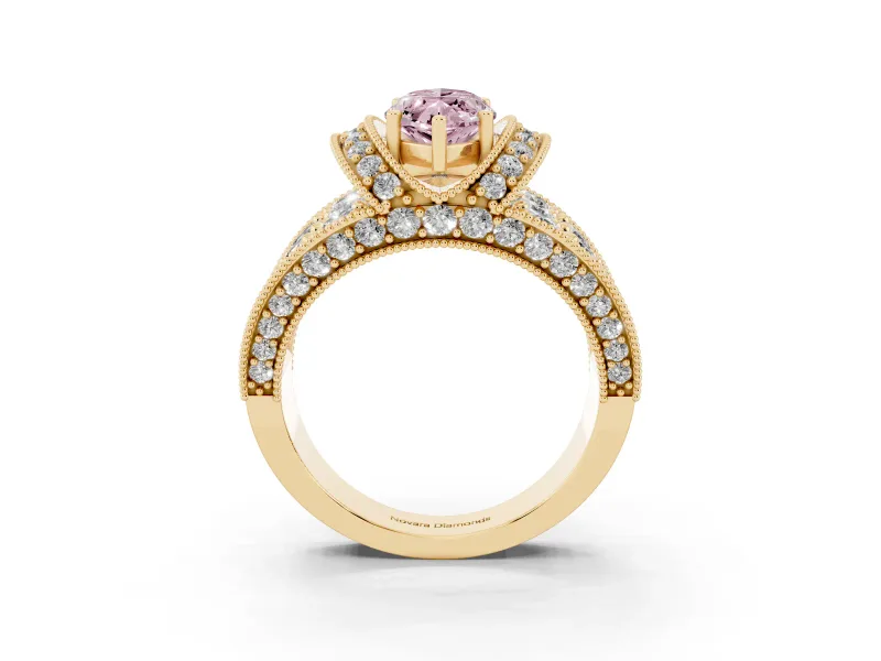 Marquise Vintage Pave Engagement Ring Setting for a Fancy Pink Lab-Grown Diamond | Milgrain Edges | Yellow Gold