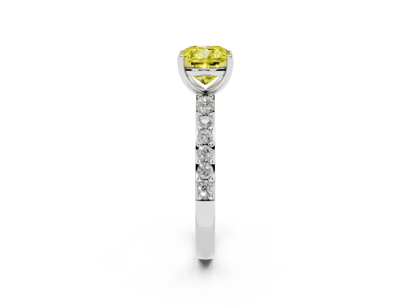 Fancy Yellow Cushion Cut Diamond Solitaire Set in Silver with Round Pavé Band and Prong Setting