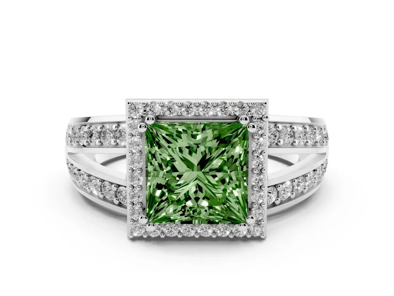 Fancy Green Princess Cut Diamond Halo Ring Set in White gold with Double Pavé Split Shank