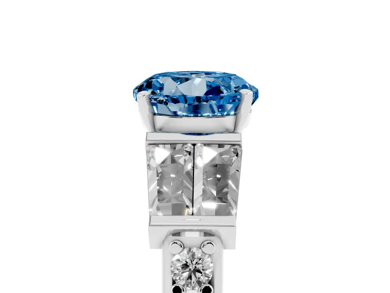 Fancy Blue Round Cut Diamond Engagement Ring Set in Silver with Baguette Side Stones and Channel Set Band