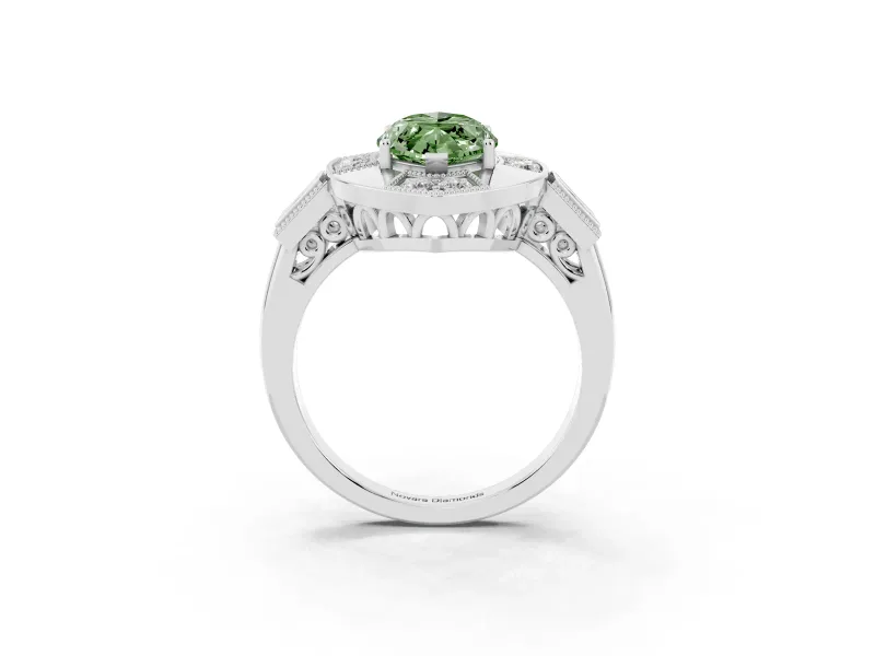 Fancy Green Marquise Cut Diamond Milgrain Halo Ring Set in Silver with Split Shank
