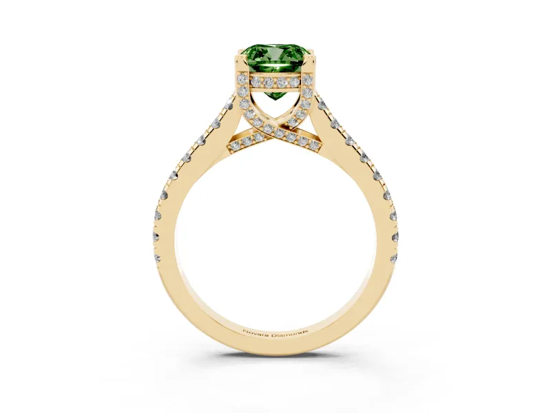 Cushion Cut Hidden Halo Pave Engagement Ring Setting for a Fancy Green Lab-Grown Diamond | Claw Prongs | Yellow Gold