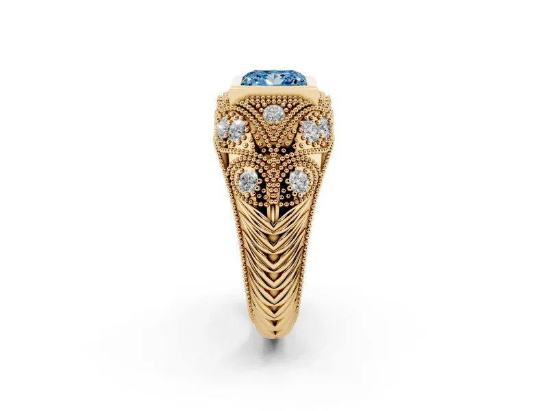 Fancy Blue Princess Cut Diamond Bezel Ring Set in Yellow gold with Milgrain Accent Band