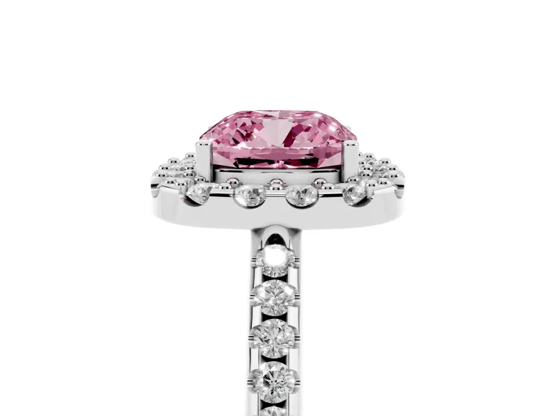 Cushion Cut Pave Halo Engagement Ring Setting for a Fancy Pink Lab-Grown Diamond | Pave Band | Sterling Silver