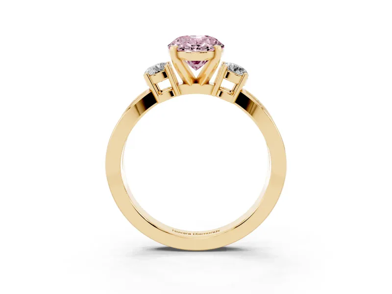 Fancy Pink Three-Stone Oval Cut Diamond Twist Band Ring Set in Yellow gold with Pavé Accents and Prong Setting