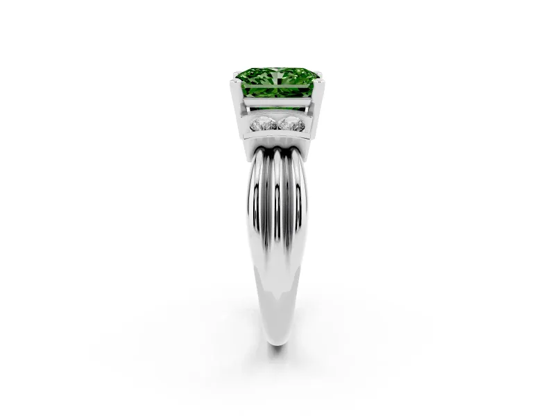Fancy Green Three-Stone Radiant Cut Diamond Channel Set Ring Set in Platinum with Bar Prongs
