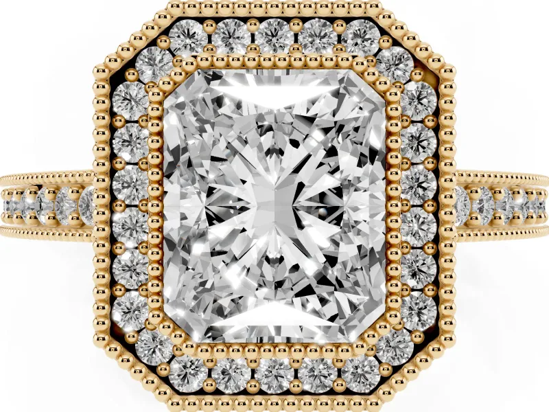 Radiant Cut Milgrain Halo Engagement Ring Setting | Pave Band | Yellow Gold
