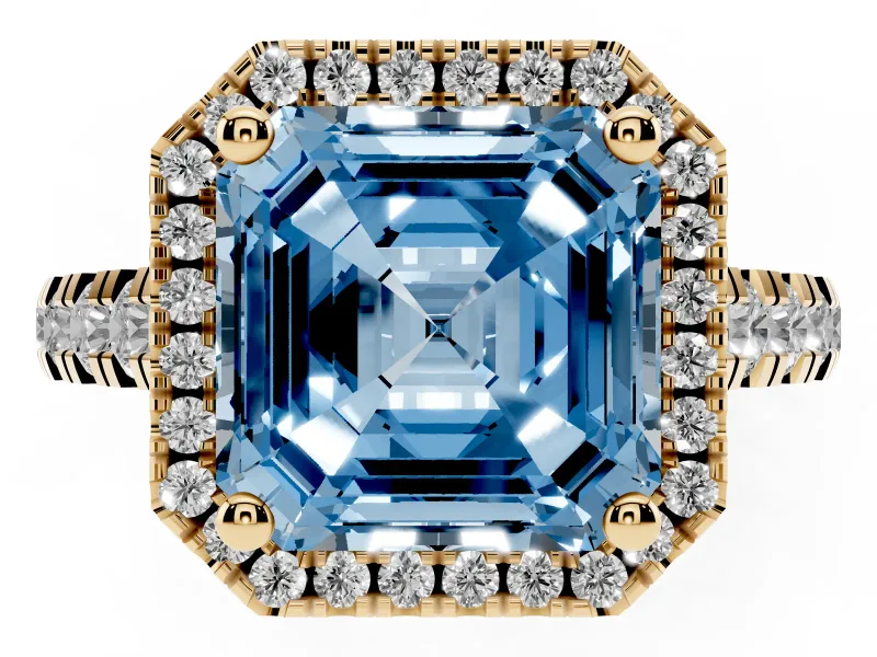 Asscher Cut Accented Halo Engagement Ring Setting for a Fancy Blue Lab-Grown Diamond | Yellow Gold