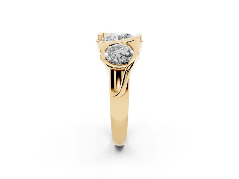 Round Bezel Three Stone Engagement Ring Setting | S-Curve Wave | Yellow Gold