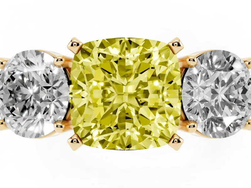 Cushion Cut Three Stone Engagement Ring Setting for a Fancy Yellow Lab-Grown Diamond | Wide Plain Band | Yellow Gold