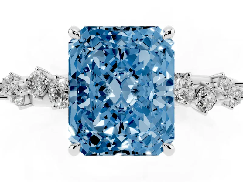 Fancy Blue Radiant Cut Diamond Cluster Solitaire Ring Set in Silver with Prong Setting