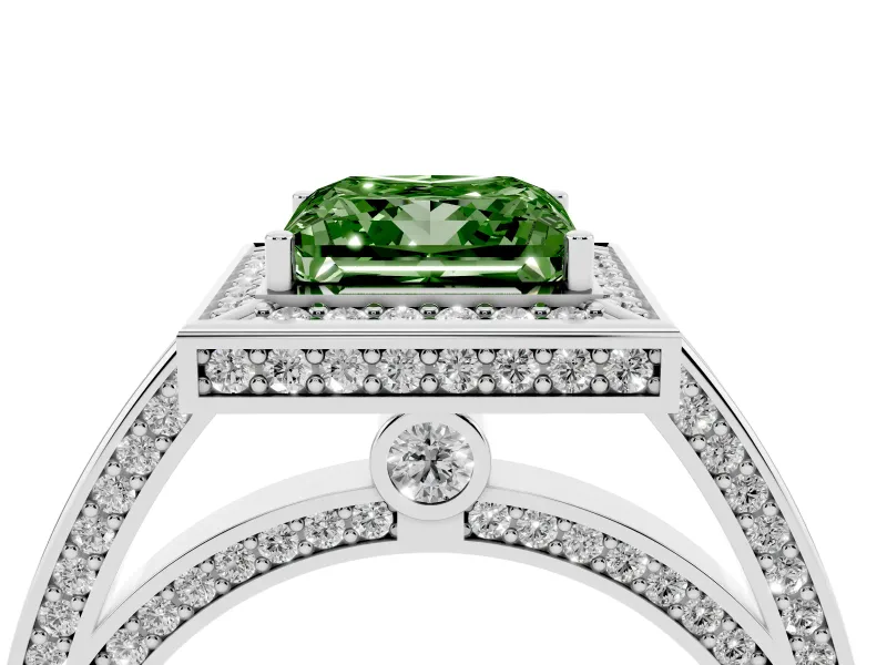 Fancy Green Princess Cut Diamond Halo Pavé Split Shank Ring Set in Silver with Prong Setting