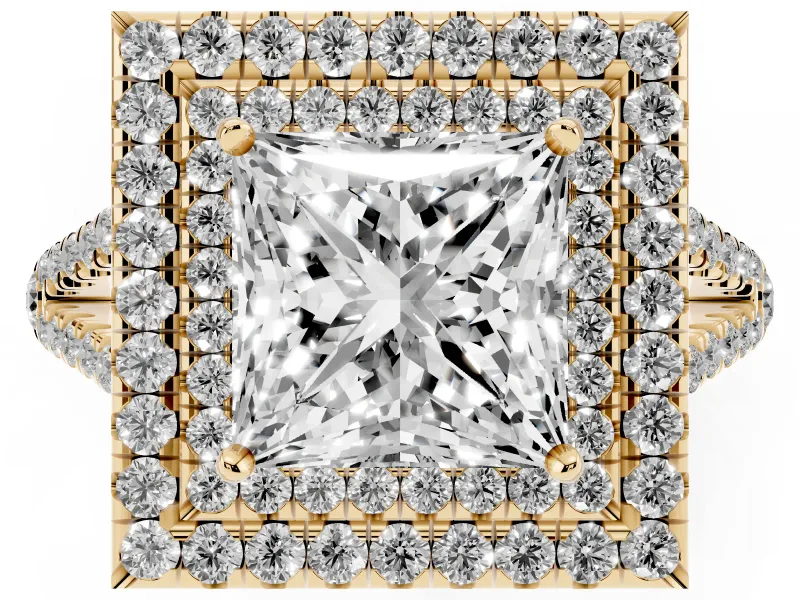 Princess Cut Double Halo Split Shank Engagement Ring Setting | Pavé Shoulders | Yellow Gold
