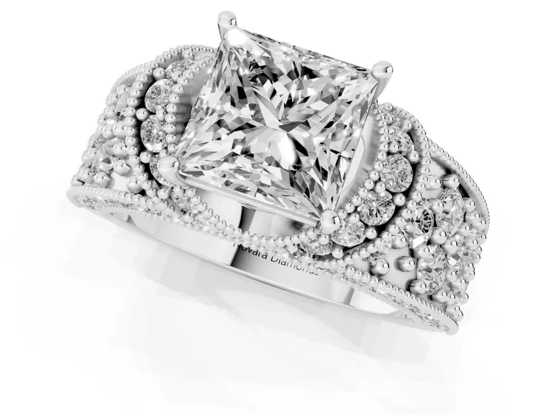 Princess Cut Vintage Milgrain Pave Engagement Ring Setting | Crescent Side Rows | White Gold