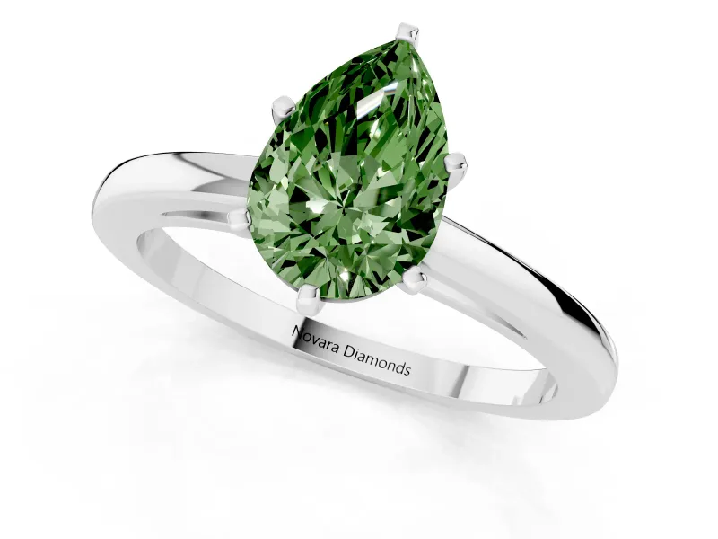 Fancy Green Pear Cut Diamond Solitaire Engagement Ring Set in Platinum with Prong Setting on a Classic Band