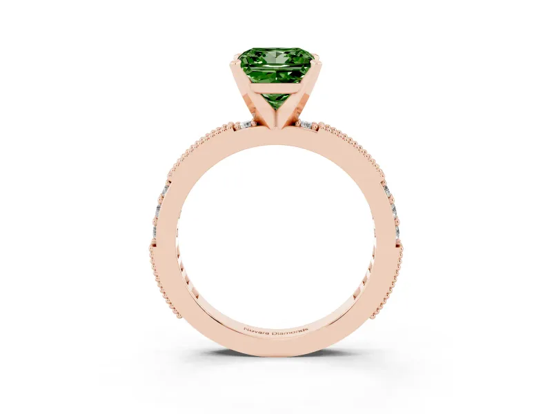 Fancy Green Princess Cut Diamond Solitaire Ring Set in Rose gold with Slim Pavé Band and Prong Setting