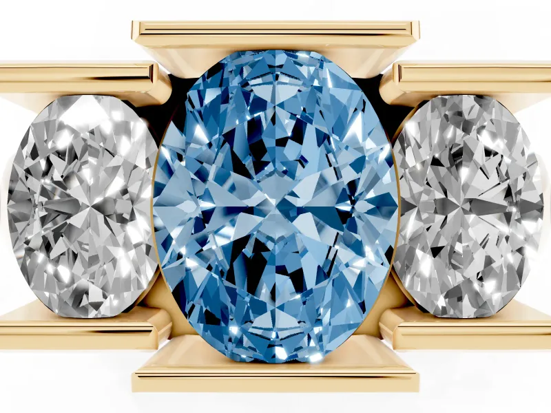 Oval Channel-Set Three Stone Engagement Ring Setting for a Fancy Blue Lab-Grown Diamond | Wide Flat Band | Yellow Gold