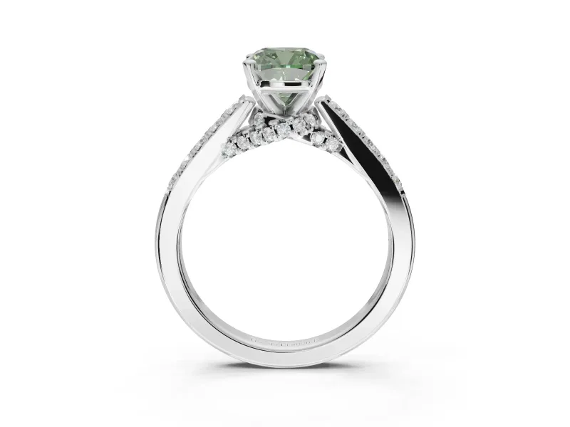Cushion Cut Pavé Solitaire Engagement Ring Setting for a Fancy Green Lab-Grown Diamond | Crossover Gallery | Platinum