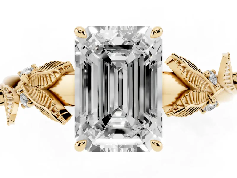 Emerald Cut Leaf Motif Solitaire Engagement Ring Setting | Accented Leaves | Yellow Gold