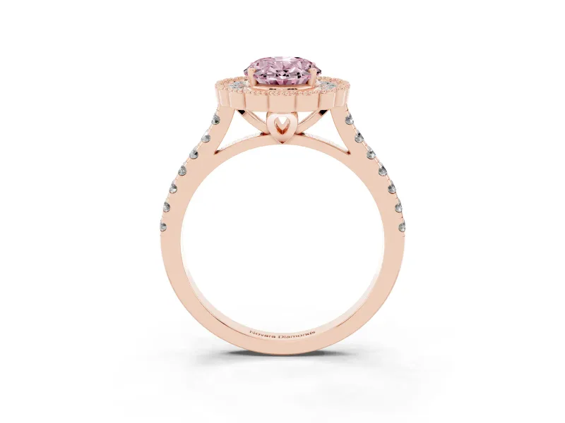 Fancy Pink Oval Cut Diamond Milgrain Floral Halo Engagement Ring Set in Rose gold with Pavé Band