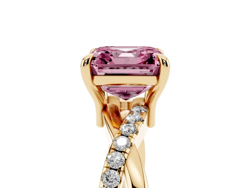 Fancy Pink Asscher Cut Diamond Twist Band Solitaire Set in Yellow gold with Pavé Accents and Prong Setting