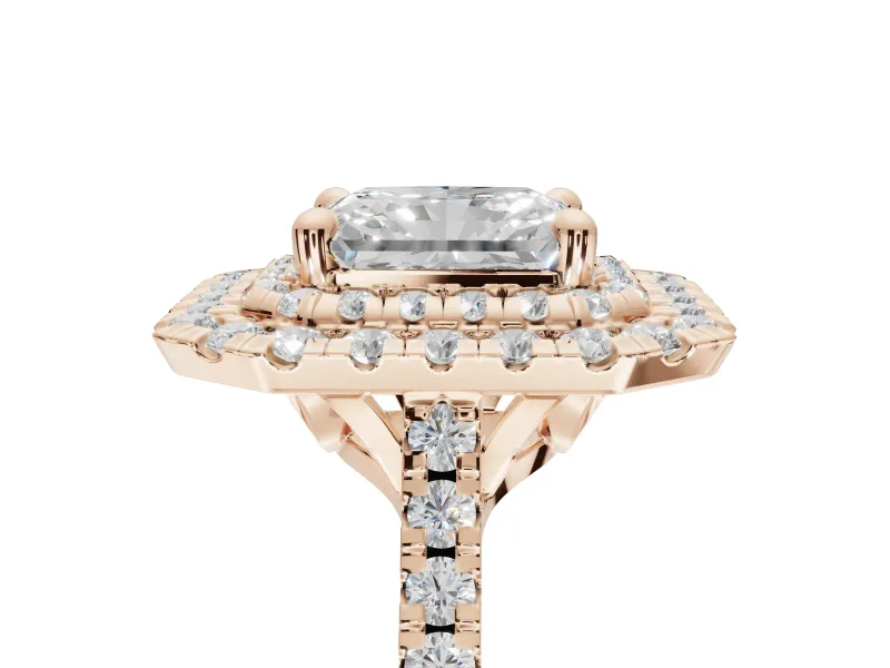 Radiant Cut Lab-Grown Diamond Double Halo Statement Ring Set in Rose Gold with Pavé Band
