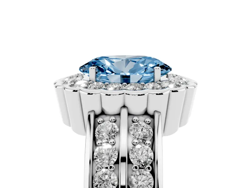 Fancy Blue Oval Cut Diamond Scalloped Halo Ring Set in White gold with Pavé Split Shank