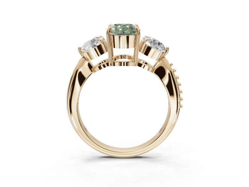 Oval Three Stone Engagement Ring Setting for a Fancy Green Lab-Grown Diamond | Tapered Pave Band | Yellow Gold