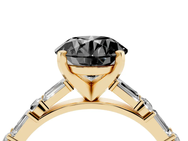 Round Baguette Side Stone Engagement Ring Setting for a Black Center | Yellow Gold