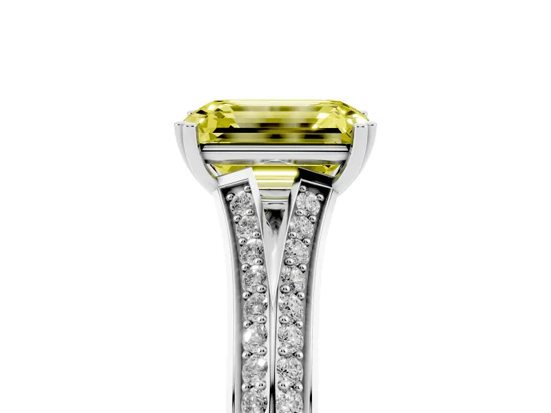 Emerald Cut Split Shank Engagement Ring Setting for a Fancy Yellow Lab-Grown Diamond | Pave Band | Sterling Silver