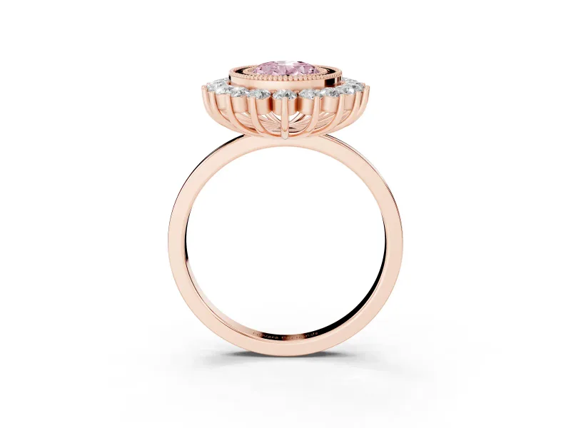 Fancy Pink Oval Cut Diamond Halo Ring Set in Rose gold with Milgrain Edge and Round Prong Setting