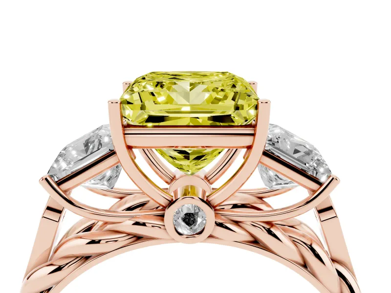 Fancy Yellow Princess Cut Diamond Three-Stone Ring Set in Rose gold with Braided Band