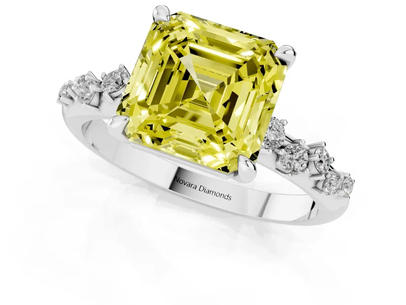 Fancy Yellow Asscher Cut Diamond Solitaire Vine Band Ring Set in White gold with Round Accents and Prong Setting