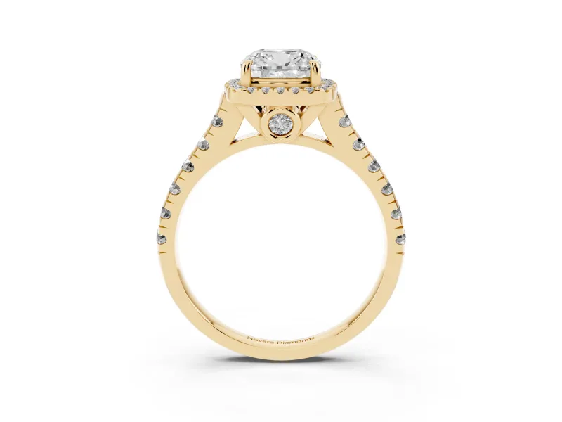 Cushion Cut Halo Engagement Ring Setting | Shared Prong Shoulders | Yellow Gold
