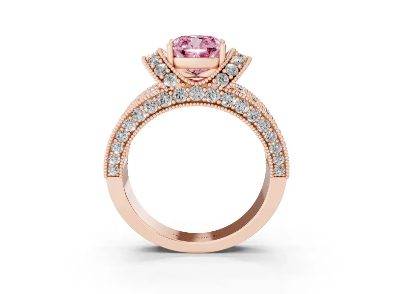 Cushion Cut Vintage Pave Engagement Ring Setting for a Fancy Pink Lab-Grown Diamond | Milgrain Edges | Rose Gold