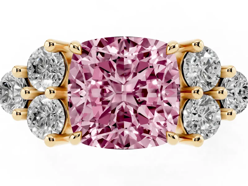 Fancy Pink Cushion Cut Diamond Solitaire Ring Set in Yellow gold with Cluster Accents on Each Side