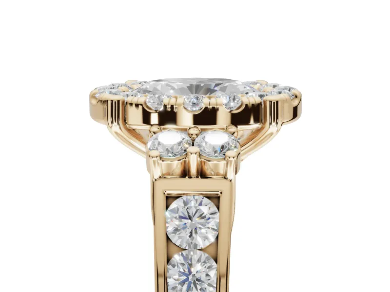 Oval Halo Side Cluster Engagement Ring Setting | Graduated Channel Band | Yellow Gold